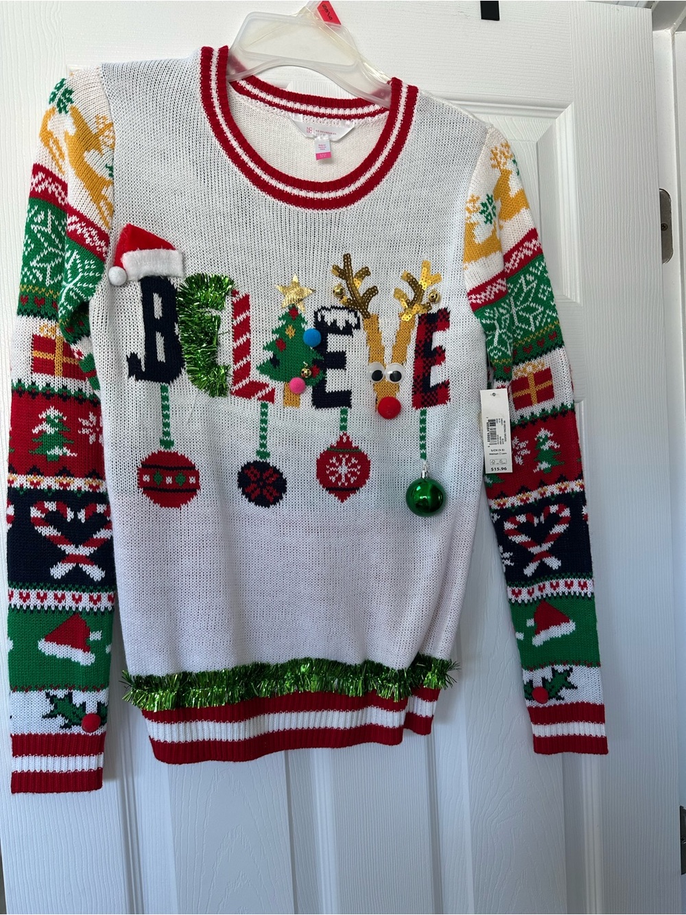 Ugly christmas sweater White 'Believe' with Multicolor Accents